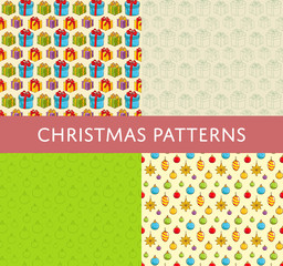 Christmas seamless patterns. Colorful and line gifts, ball toys for Christmas tree decoration vectors on color backgrounds. For Merry Christmas and Happy New Year concepts, Xmas cards, wrapping paper