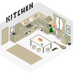 Kitchen with furniture. and Flat style vector illustration.