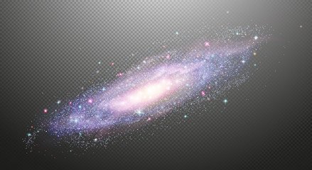 Naklejka premium Streszczenie galaktyka spiralna przedawnieniu, kosmos, na białym tle na przezroczystym tle. Złote błyszczące gwiazdy, musujący pył. Ręcznie rysowane elementy, ilustracji wektorowych, oddzielne edytowalne warstwy i pędzle.