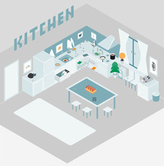 Kitchen with furniture. and Flat style vector illustration.