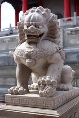 Lion statue with chinese style at Wat Borom Raja Kanjanapisek (Wat Leng Nei Yee 2) in Nonthaburi, Thailand