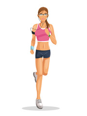 Girl cartoon running with gadget. Wearable technology and application theme. Vector illustration