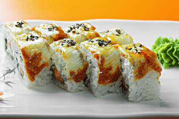 Canada roll with salmon and eel closeup