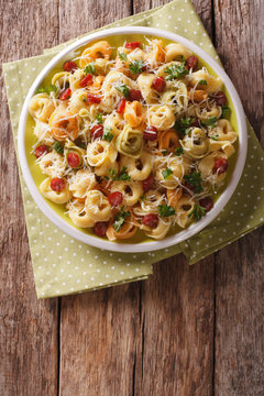 Italian colored tortellini with parmesan and sliced sausages close-up. Vertical top view