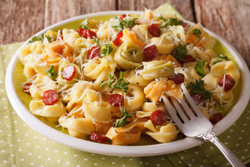 Traditional multi-colored tortellini with parmesan cheese and sausages closeup. horizontal