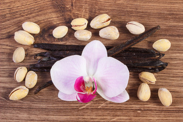 Pistachio nuts, blooming orchid and fragrant vanilla sticks, cosmetic ingredients