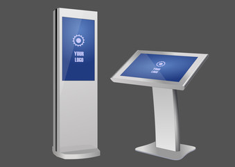 Set of Promotional Interactive Information Kiosk, Advertising Display, Terminal Stand, Touch Screen Display. Mock Up Template.