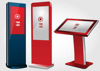 Set of Promotional Interactive Information Kiosk, Advertising Display, Terminal Stand, Touch Screen Display. Mock Up Template.