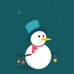 Merry little Snowman in the starry night, with colorful Christmas balls hanging from his hand branches