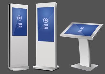 Set of Promotional Interactive Information Kiosk, Advertising Display, Terminal Stand, Touch Screen Display. Mock Up Template.