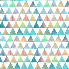 Watercolor colorful ikat triangles seamless pattern. Geometric   in watercolour style.