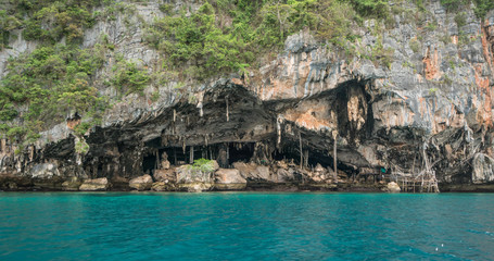 Viking cave and clear blue sea water video shoot from boat