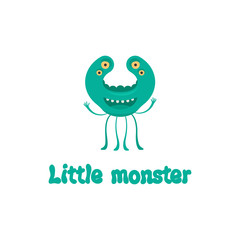 Cute blue print for kids t-shirt design. Little monster vector illustration