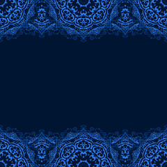 Vector decorative border with blue lace from snowflakes on dark