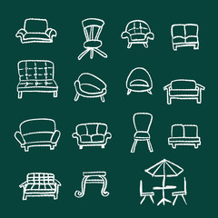 チョークとクレヨンの素材　カフェ　ソファ　椅子　黒板