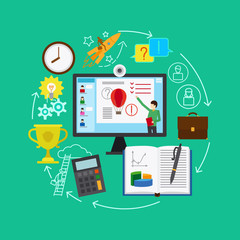 Vector conceptual illustration. Online education with icons on green