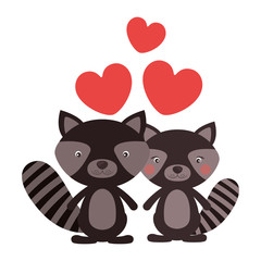 Obraz premium Little couple of animals concept about cute raccons in love design with red hearts. vector illustration 