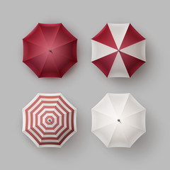 Set of White Red Striped Opened Rain Umbrella Parasol Sunshade