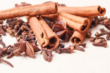 Spices cinnamon sticks anise stars and cloves