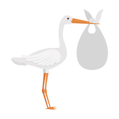cartoon stork holding a baby basket icon over white background. vector illustration