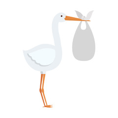 cartoon stork holding a baby basket icon over white background. vector illustration