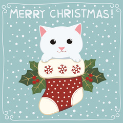 Merry christmas. Cute kitten cat in a Christmas stocking. Card in cartoon style.