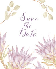 Watercolor wedding invitation with protea and eucalyptus leaves. Floral wedding card