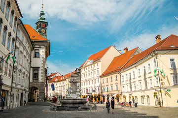 Romantic medieval Ljubljana's city center, the capital of Slovenia, Europe. City's square, City hall and Roba's fountain
