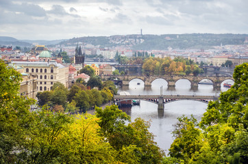 Fototapeta na wymiar Prague, Czech, autumn time, grey clouds. the Charles Bridge in P