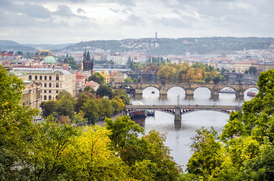 Prague, Czech, autumn time, grey clouds. the Charles Bridge in P
