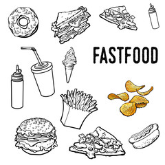 Set of black and white hand drawn fast food, sketch style vector illustration on white background. Pizza, burger, hot dog, sandwich, donut, ice cream, French fries outlines, coloring elements