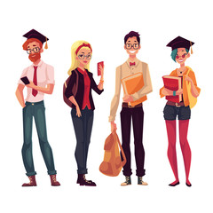 Group of full height college, university students with books and phones, cartoon style illustration isolated on white background. Male and female students in casual clothes