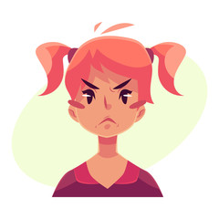 Teen girl face, angry facial expression, cartoon vector illustrations isolated on yellow background. Red-haired girl emoji face, feeling distressed, frustrated, sullen, upset. Angry face expression