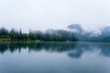 Bled lake fog landscape, Slovenia