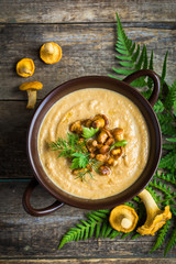 chanterelle cream soup on wooden background