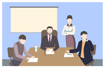 Business characters. Working people, meeting, teamwork.conference table, brainstorm. Workplace. Office life. Flat design vector illustration.