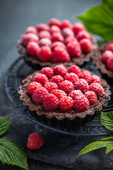 chocolate tarts with fresh raspberry