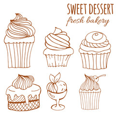 sweet dessert, fresh bakery, background with watercolor hand-drawn cupcakes, cakes, menus, invitations, banners - 125682192