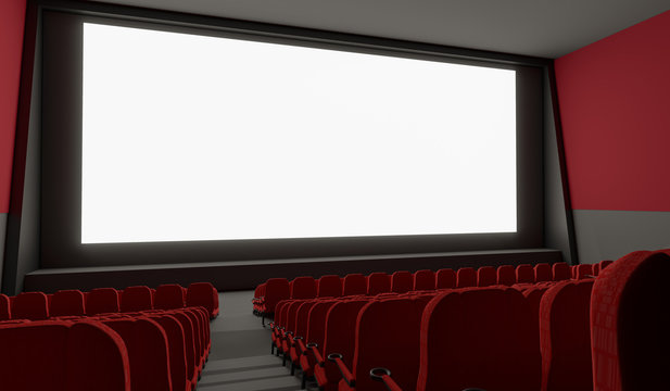 Blank screen in empty cinema hall. 3D rendered illustration.