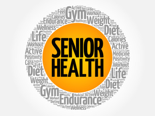 Senior health word cloud collage, health concept background