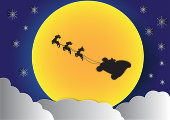 reindeer on sky with big moon and cloud background, christmas background, vector, copy space for text, illustration, paper cut and origami style