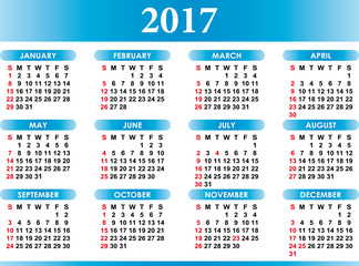 Calendar for 2017 in English vector with festivities
