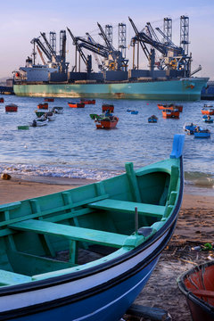Close up of a fishing boat on the beach of Trafaria, Portugal