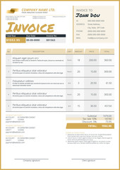 Business invoice template. Stationery design. Vector illustration. Invoice form. Golden and black color theme