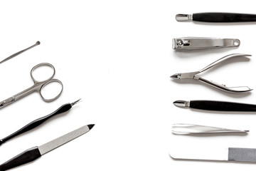 nail care - manicure set on white background top view