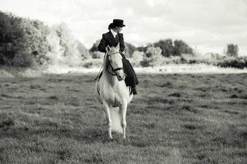 Lady rider in side saddle on white horse - obrazy, fototapety, plakaty