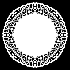 Lace round paper doily, lacy snowflake, greeting element,  template for cutting  plotter, round pattern, laser cut  template, doily to decorate the cake,  vector illustrations.