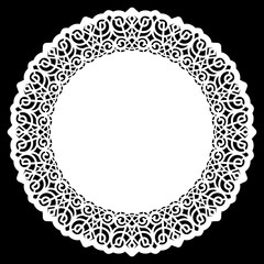 Lace round paper doily, lacy snowflake, greeting element,  template for cutting  plotter, round pattern, laser cut  template, doily to decorate the cake,  vector illustrations.
