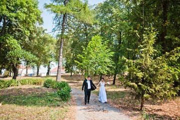 Newly wed in their wedding day at park