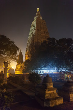 Night illumination of a Bodkhi-tree near base of Mahabodhi Temple, on the place where Buddha Shakyamuni has reached an enlightenment.